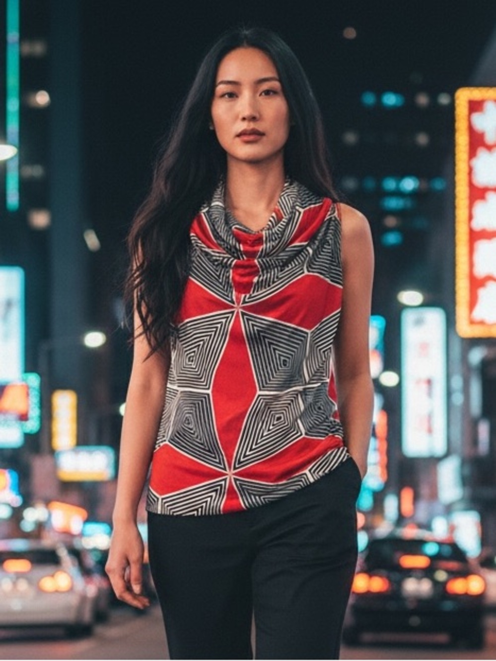 Sunny Leigh Red & Black Geometric Cowl Neck Camisole